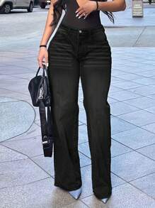 Chicsale Women's Straight Leg Wide Jeans Elegant Mid Rise Pants - Button Zipper Fly Denim Pants, Street Casual Style, Comfortable And Durable, Versatile For Daily Use - 黑色 - 查看 1