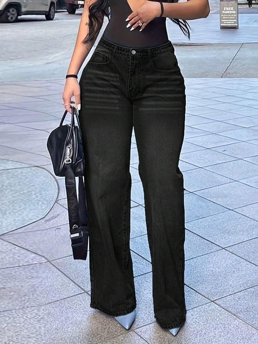 Chicsale Women's Straight Leg Wide Jeans Elegant Mid Rise Pants - Button Zipper Fly Denim Pants, Street Casual Style, Comfortable And Durable, Versatile For Daily Use - 黑色 - 查看 1