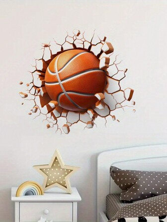 1 Piece Of Creative 3D Wall-Breaking Basketball Bedroom Entrance Home Decoration Beautification Wall Sticker, Stickers, Wall Decal, Vinyl Decal For Home Decorations, Spring Decoration Items Refresh Your Home, Festival Decoration Stickers Gifts Birthday Graduation