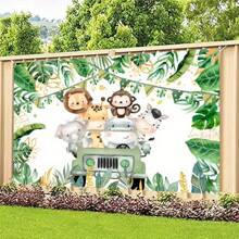1pc Wild Animal Themed Birthday Background, Happy Birthday Polyester Background, Birthday Party Decorations Green Forest Wild 1st Birthday Supplies - Multicolor - View 4