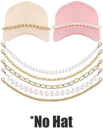 1/5 Pcs Gold Chain Faux Pearl Hat Chains Bill Decoration For Women Man Metal Detachable Chains Bulk Trucket Hat Charms For DIY Mesh Baseball Cap(No Hat)