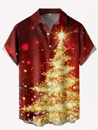 男士圣诞假期休闲户外圣诞树闪亮灯饰艺术图案 3D 数码印花翻领胸袋节日复古休闲短袖衬衫