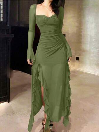 Women's Elegant Casual Ruffle Trim Long Sleeve Mesh Dress, Suitable For Fall, Concerts, Christmas, Going Out, Wedding Guests, Clubs, And Fairy-Inspired Looks