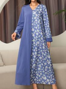 Spring & Winter Clothes New Long Sleeved Women's Skirt Printed Long Skirt Kaftan Ladies Loose Long Dress A Line Floral Print Maxi Dress - Blue - View 5