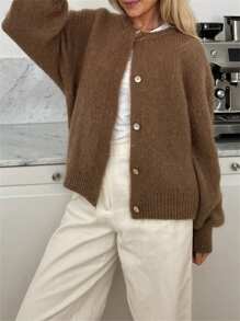 Women's Solid Color Cardigan Fuzzy Long Sleeve Button Down Sweater Soft Knit Tops Outerwear - 卡其色 - 查看 6