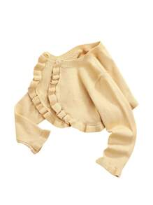 Toddler Baby Girl Sweater Crop Top Knit Cardigan Long Sleeve Ruffled One Button Cute Outwear Kids Fall Shrug Cover Up - 杏色 - 查看 2