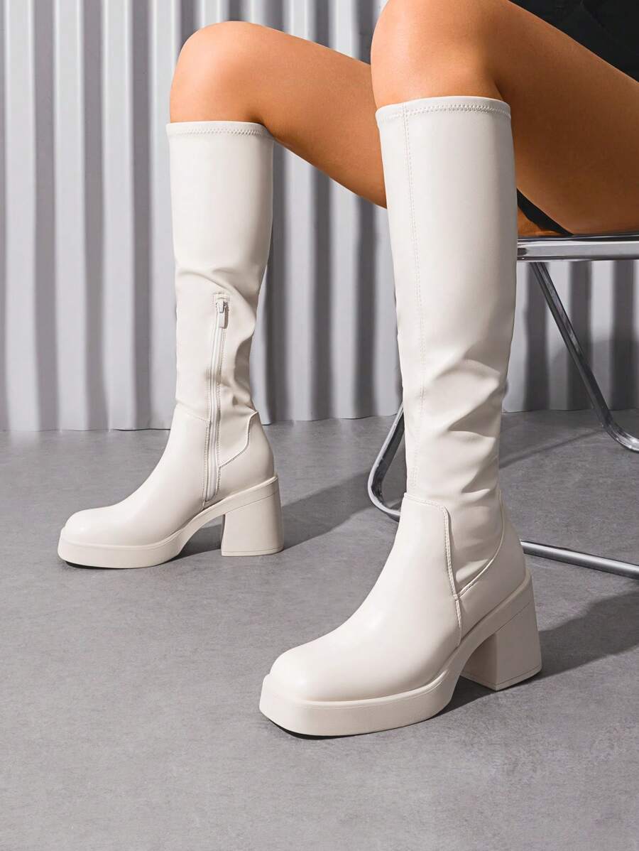 Women's Platform Chunky Heel Knee-High Boots Square Toe Side Zipper Fashionable Versatile Solid Color Y2K  Tall Boots  For Autumn/Winter - 米色 - 查看 1