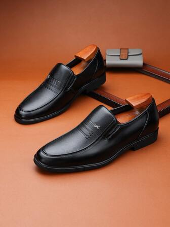 Men's Leather Shoes, Breathable Business Dress Shoes, Soft Bottom, British Style, Low-Cut Slip-On, Round Toe, Black, Simple, Professional Work Shoes