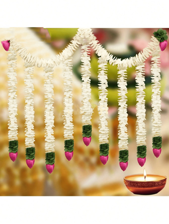 人造茉莉花环配莲花 - 塑料花环，适合圣诞节、万圣节、排灯节、亡灵节 - Varalakshmi Puga 的悬挂 Puga 装饰，通用节日花卉主题，无需电力