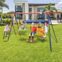 Homasis Swing Set For Backyard W/ 2 Height Adjustable Swings Glider Basketball Hoop - Red and Blue - View 2