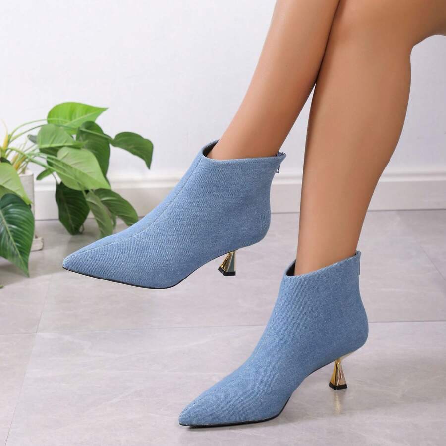 女士尖头细跟短靴，百搭又舒适 - 藍色 - 查看 1