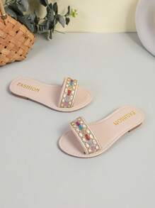 1 Pair Girl Beige Flat Slide Sandals, Colorful Woven Strap Design Round Toe, Fashionable & Cute Indoor/Outdoor Casual Slippers, Summer New Arrival - Beige - View 4