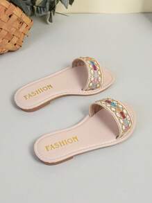 1 Pair Girl Beige Flat Slide Sandals, Colorful Woven Strap Design Round Toe, Fashionable & Cute Indoor/Outdoor Casual Slippers, Summer New Arrival - Beige - View 5