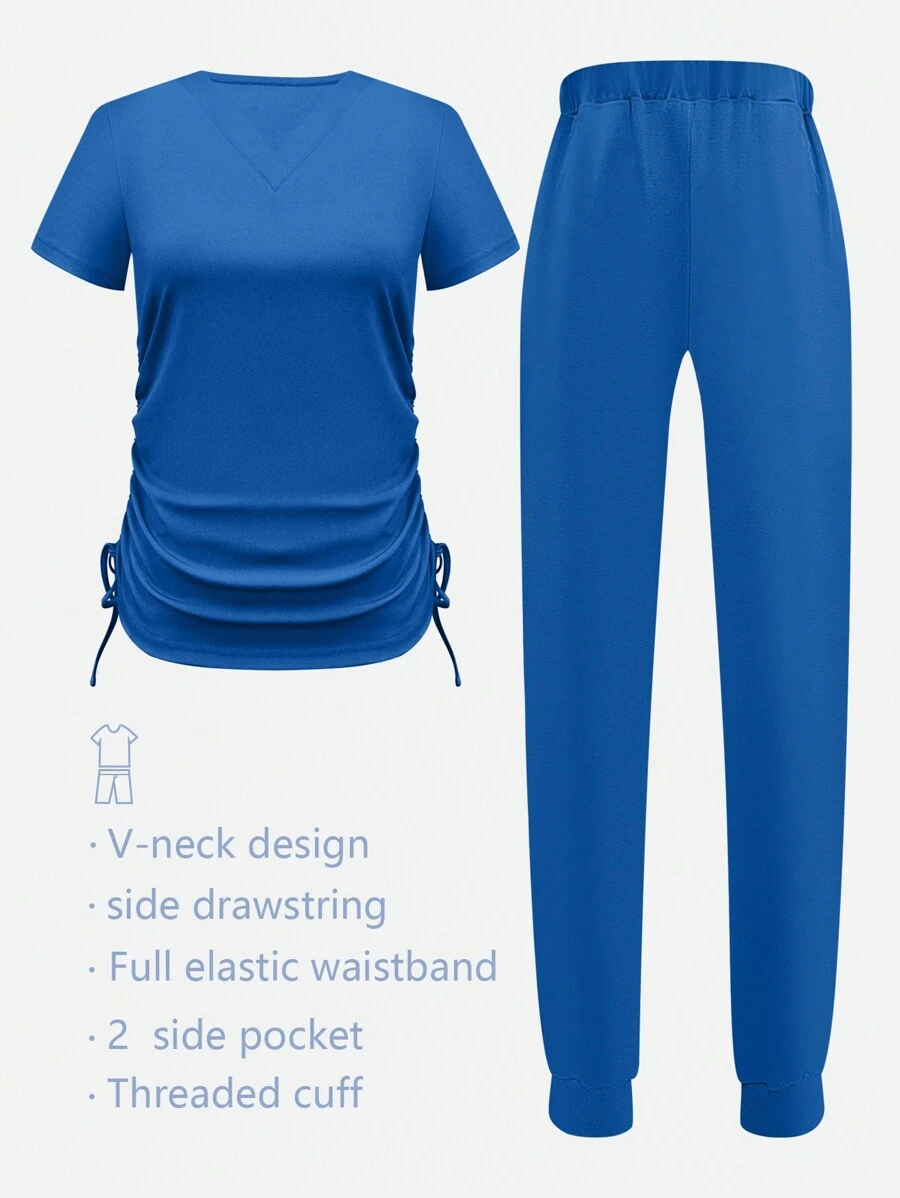 cimmuovere Bộ đồng phục y tá tay ngắn co giãn nhiều túi Bộ đồng phục nha sĩ thẩm mỹ viện nhà tâm lý học chăm sóc cá nhân - Màu xanh lam - Xem 1