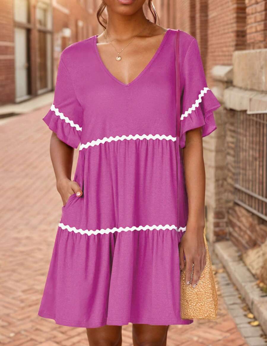 tooluck Women's Flowy Mini Dress With Pockets Solid Color & Stripes Print Design V Neck Ruffle Short Sleeve A Line Tiered - 玫紅色 - 查看 1