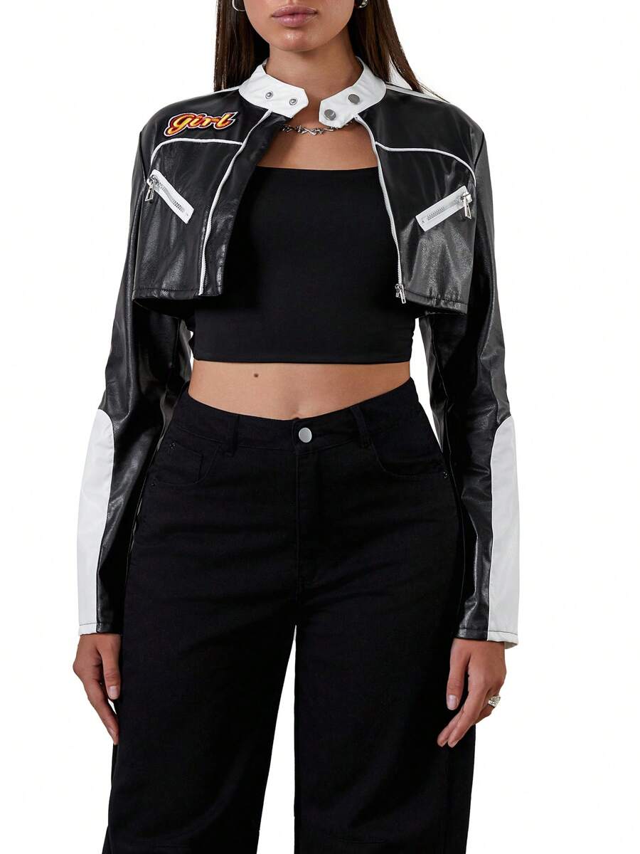 Women's Faux Leather Cropped Jacket, Long Sleeve Stand Collar Zip Up Motor Biker Coat - Black - View 1