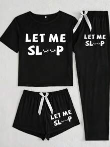 3pcs Women's Casual Minimalist Letter Print Pajamas Set