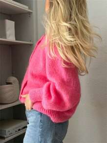 Women Button Up Sweaters Casual Lightweight Solid Color Knit Cardigans Warm Fall Knitwear For Outerwears Streetwear - Hot Pink - View 5