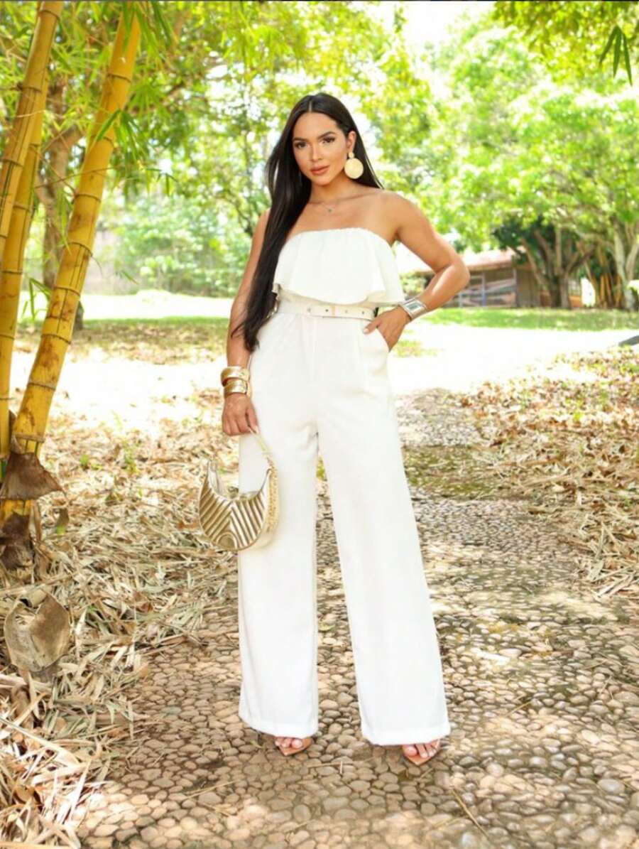 Women's Jumpsuit With Fringe And Belt - 白色 - 查看 1