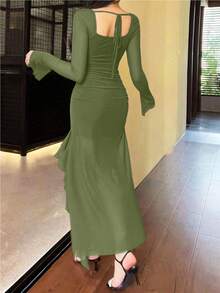 Women's Elegant Casual Ruffle Trim Long Sleeve Mesh Dress, Suitable For Fall, Concerts, Christmas, Going Out, Wedding Guests, Clubs, And Fairy-Inspired Looks - Green - View 2