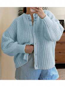 Women's Sweater Cardigan Loose Solid Color Crew Neck Long Sleeve Button Down Casual Tops For Winter FallY2K