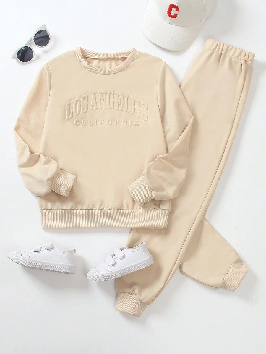 Set de 2 piezas de niña con sudadera informal de unicolor con estampado de letra en relieve y pantalón largo, para primavera
