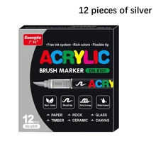 GuangNa 12 pièces/set de stylos peinture acrylique liquide droite de couleur unie avec pointe de pinceau pour la peinture sur roches, canevas, pneu, bois, métal, plastique, tissu, verre, céramique, artisanat DIY, ensemble de marqueurs à base d'eau à séchage rapide, rentrée scolaire