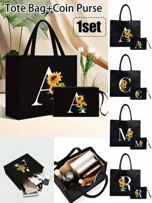 Bolsa de lona negra, que incluye una bolsa con iniciales impresas de la A a la Z y una bolsa pequeña impresa, con estampado de girasoles y flores, letras, flores, paquete de regalo personalizado, bolsa de lona negra - Negro - Ver 1