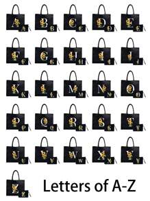 Bolsa de lona negra, que incluye una bolsa con iniciales impresas de la A a la Z y una bolsa pequeña impresa, con estampado de girasoles y flores, letras, flores, paquete de regalo personalizado, bolsa de lona negra - Negro - Ver 2