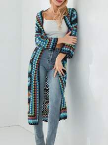 Women's Crochet Floral Cardigan Casual Long Sleeve Open Front Sweater Bohemian Outwear Coat - 湖藍色 - 查看 4