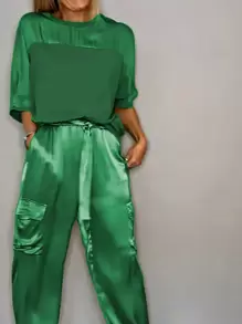 Set de 2 piezas para mujer, nueva llegada 2024, top de manga corta de satén liso y pantalones, conjunto casual
