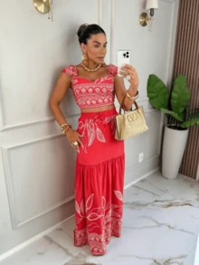 Cropped Top And Ruffle Skirt Set In Printed Viscolaicra - Versatile For Any Occasion - 橘色 - 查看 5