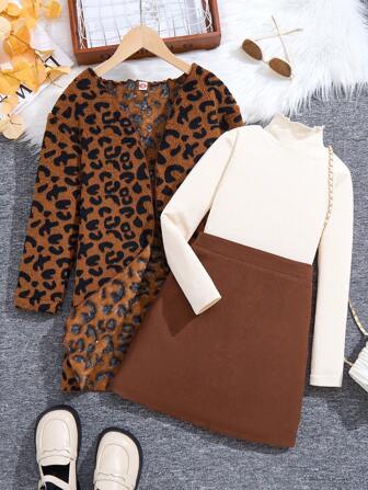 3 件套 女童高领纯色汗衫 + 豹纹蓬松夹克 + 纯色束腰裙