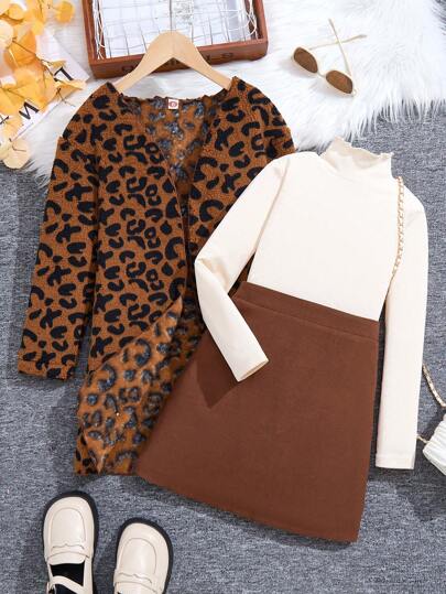 Set de 3 bucăți pentru fete Tween cu gât înalt, maioul solid + jachetă pufoasă leopard + fustă solidă cu talie strânsă