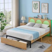 King Size Bed Frame With Natural Rattan Headboard And Storage Drawers, Bed Frame With LED Strips And Strong Woode Slats Support, No Box Spring Needed,Easy Assembly