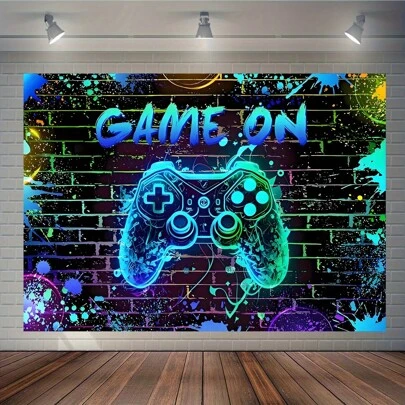 1 件电子游戏派对背景横幅 - 霓虹灯发光游戏玩家涤纶墙饰，适合升级生日、游戏之夜、街机 - 多功能房间和花园装饰，游戏主题摄影背景无需电力 - 适用于一般场合和各种节日