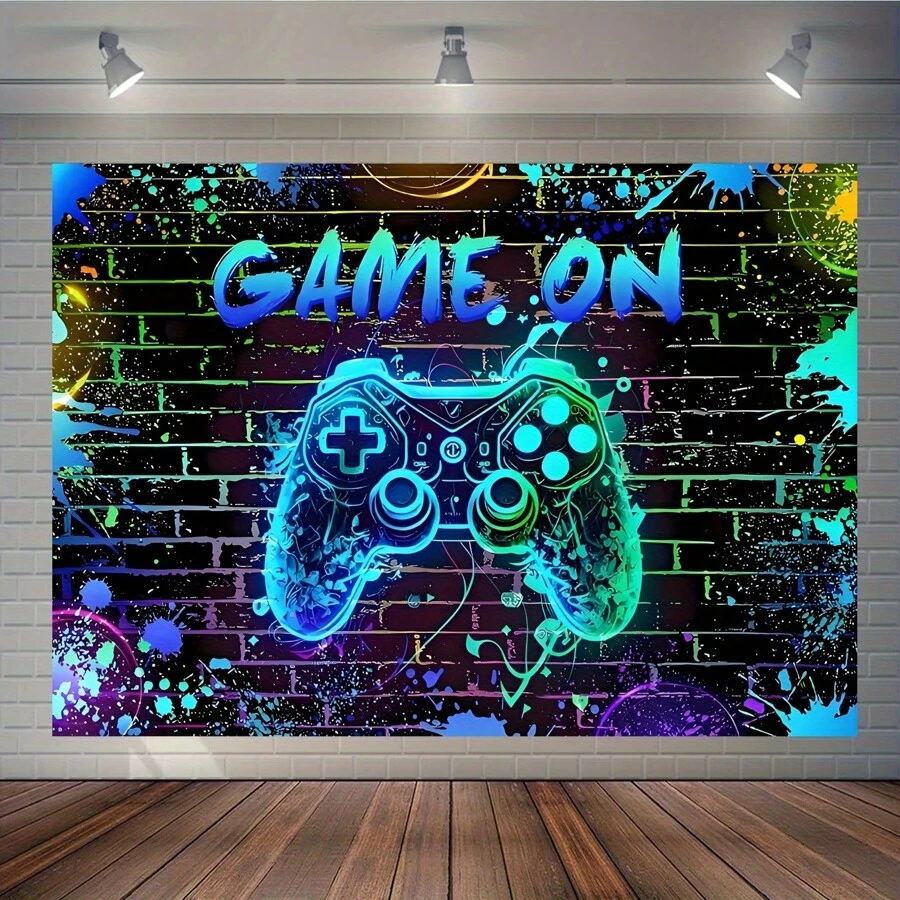 1 tấm Banner phông nền tiệc chơi game điện tử - Đồ trang trí tường bằng polyester phát sáng neon dành cho game thủ, thích hợp cho sinh nhật nâng cấp, đêm chơi game, trò chơi điện tử - Trang trí phòng đa năng và sân vườn, phông nền chụp ảnh theo chủ đề trò chơi không cần điện - Áp dụng cho các dịp chung và nhiều lễ hội khác nhau - Nhiều màu - Xem 1