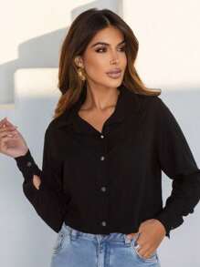 Women's Classic Elegant Long Sleeve Casual Chic Style Dress Shirt - 黑色 - 查看 6