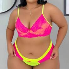 Plus Size Lingerie Set In Neon Colors With Underwire Quality Lace Bra And Panties - Pink - View 3