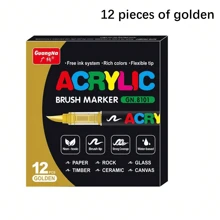 GuangNa 12 pièces/set de stylos peinture acrylique liquide droite de couleur unie avec pointe de pinceau pour la peinture sur roches, canevas, pneu, bois, métal, plastique, tissu, verre, céramique, artisanat DIY, ensemble de marqueurs à base d'eau à séchage rapide, rentrée scolaire