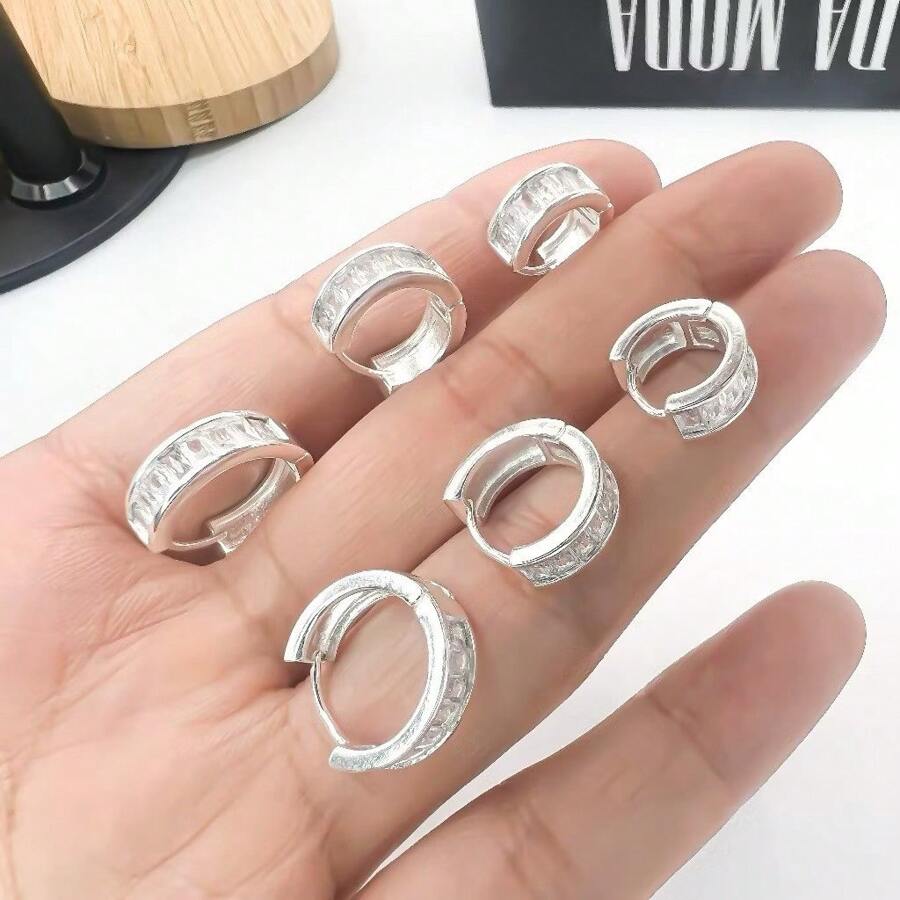 Baguette Hoop Earring Trio Studded With Zirconia Plated In 925 Silver - 銀色 - 查看 1