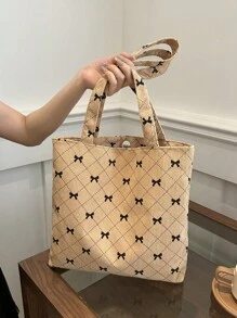 新款大容量手提包蝴蝶结图案单肩包时尚多功能百搭托特包女士 - 卡其色 - 查看 1