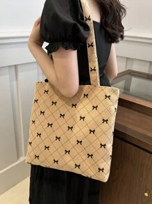 新款大容量手提包蝴蝶结图案单肩包时尚多功能百搭托特包女士 - 卡其色 - 查看 4