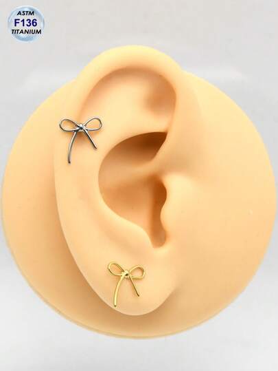 1 Piece NEW Implanted Grade ASTM F136 Titanium Earrings 16G Labret Lip Rings Hollow Out Bowknot Helix Cartilage Piercing Earlobe Earrings For Women Ladies Body Jewelry GOLD PVD