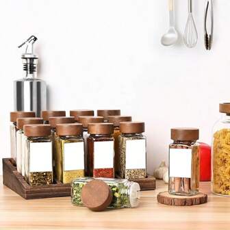 12pcs/Set 4oz Square Spice Jars With Pepper Mill Lid, 24pcs Spice Bottle Set, 120ml Wood & Glass Seasoning Containers