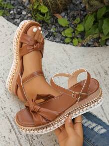 Women's Rivet Decor Ankle Strap Strap Buckle Sandals, Elegant Summer Resort Style Platform Wedge High Heel Shoes, Brown Thick Sole High Heel Sandals