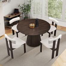 (1 Table With 4 Chairs)Wooden Dining Table Set, Modern Round MDF Kitchen Table And Boucle Upholstered Dining Chairs For Dining Room, Kitchen, Saving Space, Brown,PlushPlace