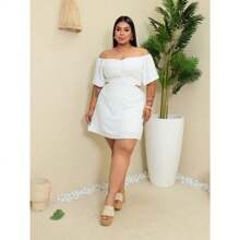 Plus Size Summer Off-The-Shoulder Jumpsuit Dress Various Colors - 白色 - 查看 4