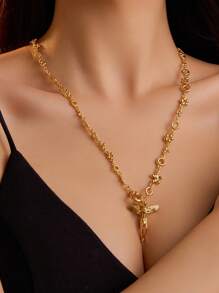 "A European And American Fashion High-Grade Copper Material Electroplated  Angel Couple Gift Necklace." - Gold - View 2