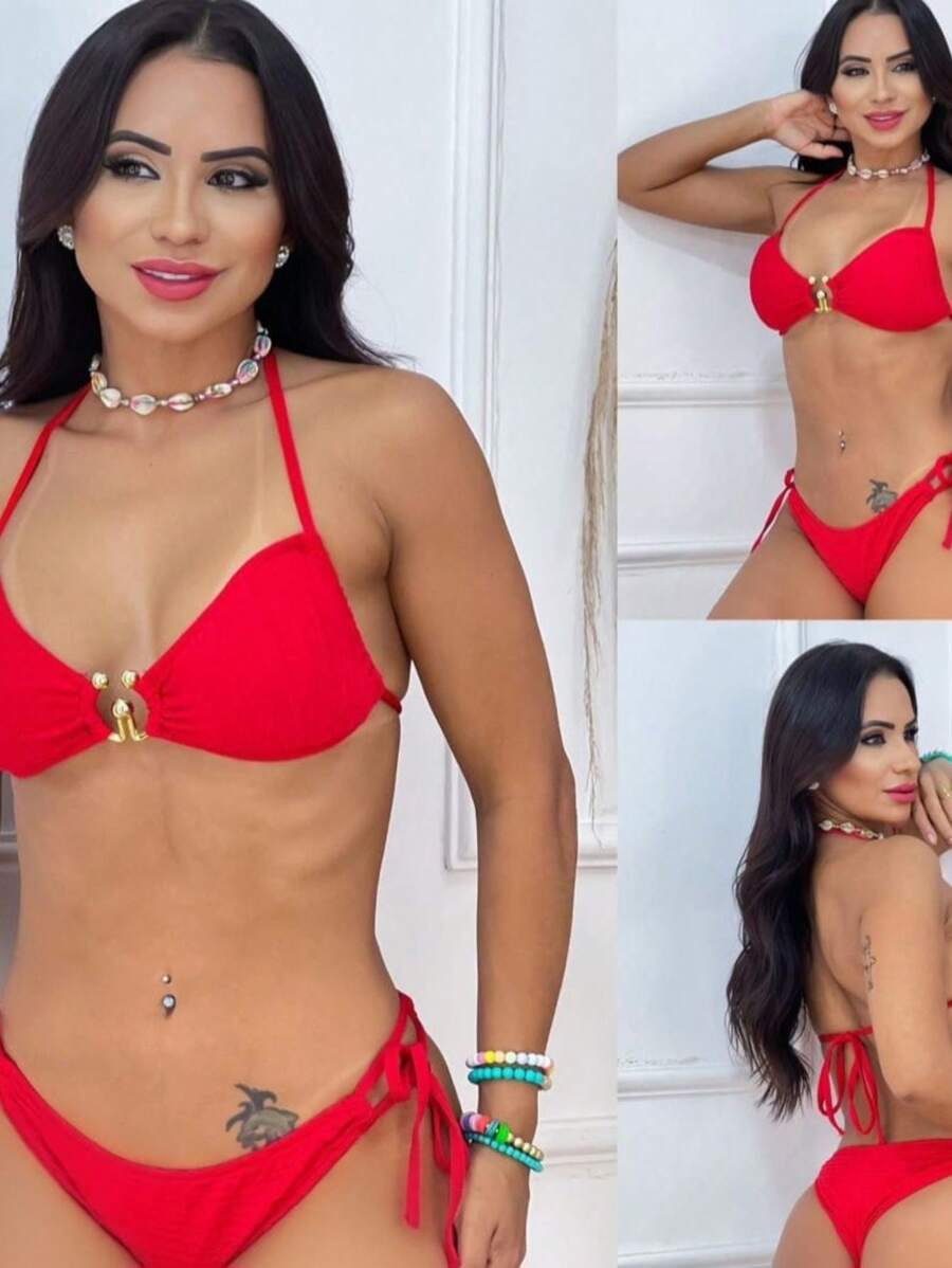 Flora Plain Bikini With Ring Detail Bra And Adjustable Panties Launch Summer 2024/2025 - Đỏ - Xem 1